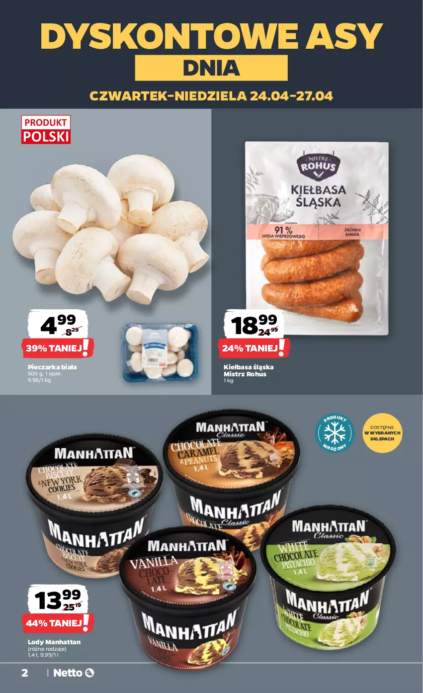 Gazetka promocyjna Netto - Od Czwartku - ważna 24.04 do 30.04.2025 - strona 2 - produkty: Kiełbasa, Kiełbasa śląska, Lody, Piec, Pieczarka