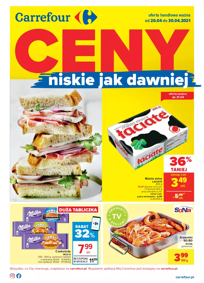 Gazetka promocyjna Carrefour - Gazetka Carrefour - ważna 19.04 do 30.04.2021 - strona 1 - produkty: Czekolada, Kosz, Krewetki, Masło, Milka