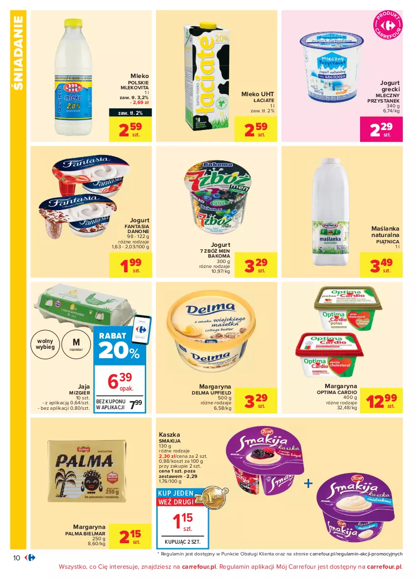 Gazetka promocyjna Carrefour - Gazetka Carrefour - ważna 19.04 do 30.04.2021 - strona 10 - produkty: Bakoma, Danone, Delma, Fa, Fanta, Jaja, Jogurt, Kosz, Margaryna, Maślanka, Mleko, Mlekovita, Optima, Optima Cardio, Palma, Piątnica, Smakija