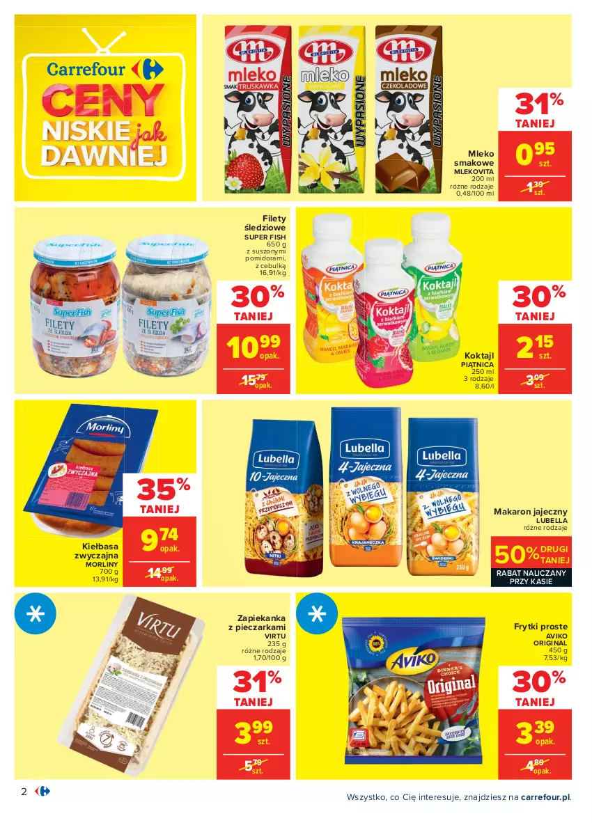 Gazetka promocyjna Carrefour - Gazetka Carrefour - ważna 19.04 do 30.04.2021 - strona 2 - produkty: Bell, Bella, Frytki, Gin, Kiełbasa, Lubella, Makaron, Mleko, Mleko smakowe, Mlekovita, Morliny, Piątnica, Piec, Pieczarka, Virtu, Zapiekanka