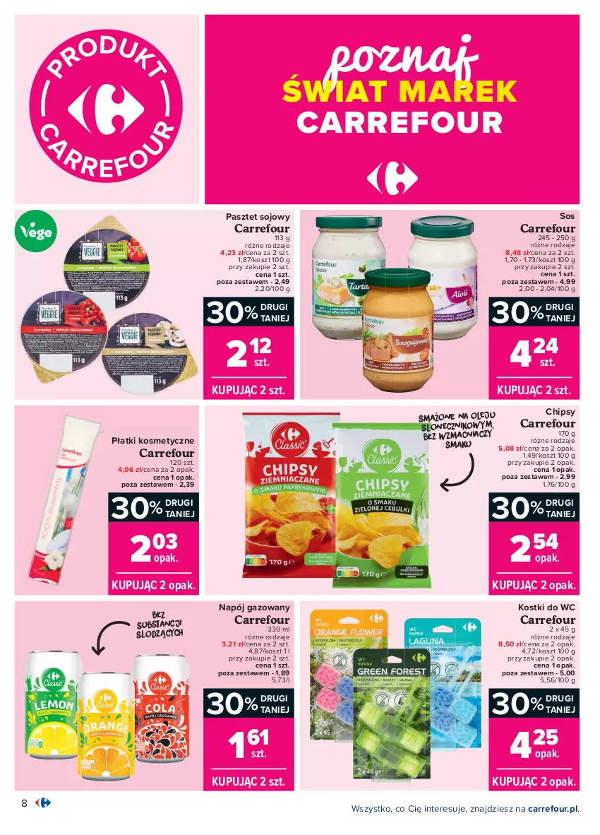 Gazetka promocyjna Carrefour - Gazetka Carrefour - ważna 19.04 do 30.04.2021 - strona 8 - produkty: Chipsy, Kosz, Napój, Napój gazowany, Olej, Pasztet, Płatki kosmetyczne, Sos