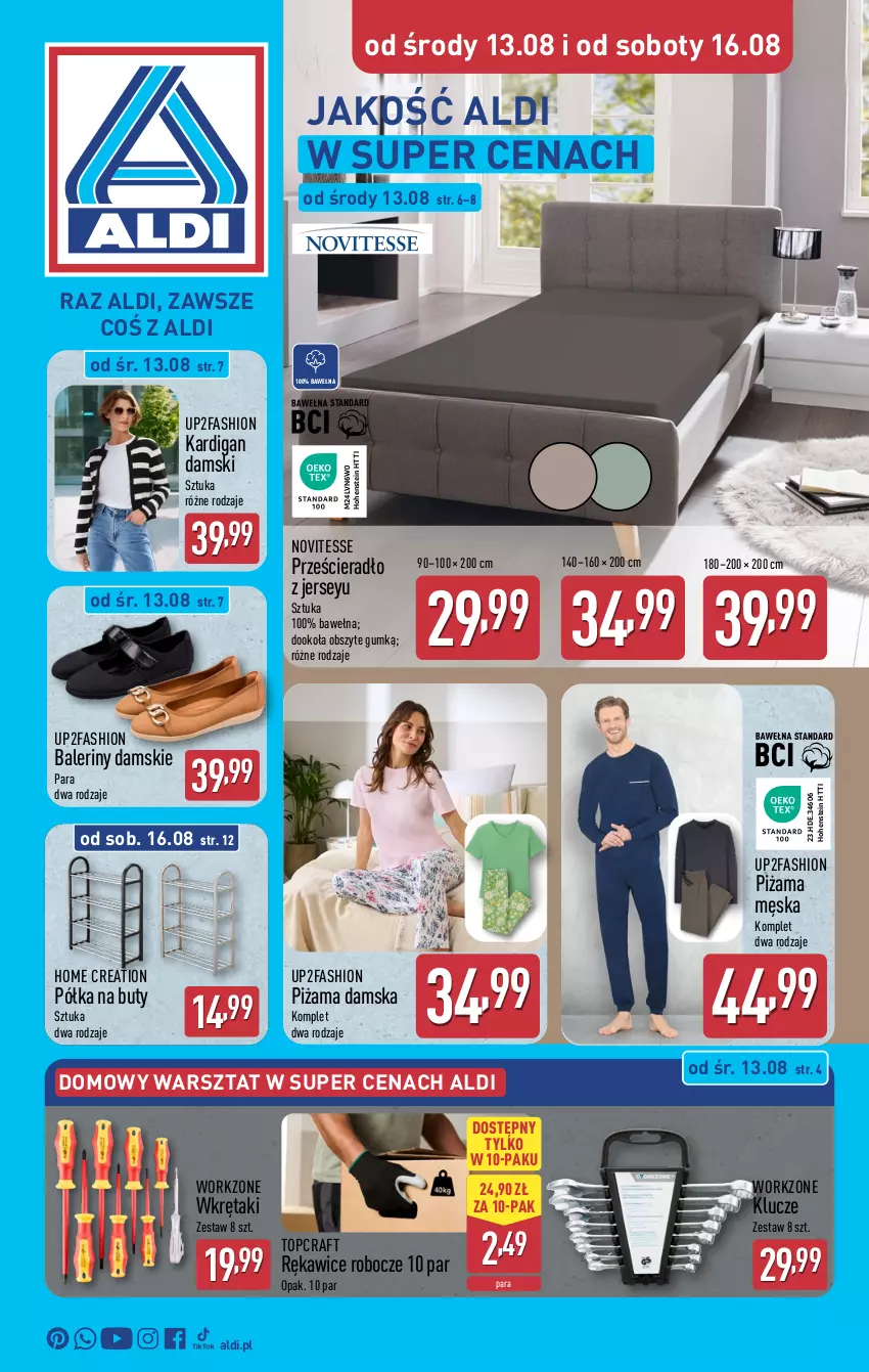 Gazetka promocyjna Aldi - Artykuły przemysłowe i tekstylia - ważna 13.08 do 16.08.2025 - strona 1 - produkty: Baleriny, Buty, Fa, Kardigan, Piżama, Półka, Prześcieradło, Rękawice, Rękawice robocze, Top, Wełna, Wkręt