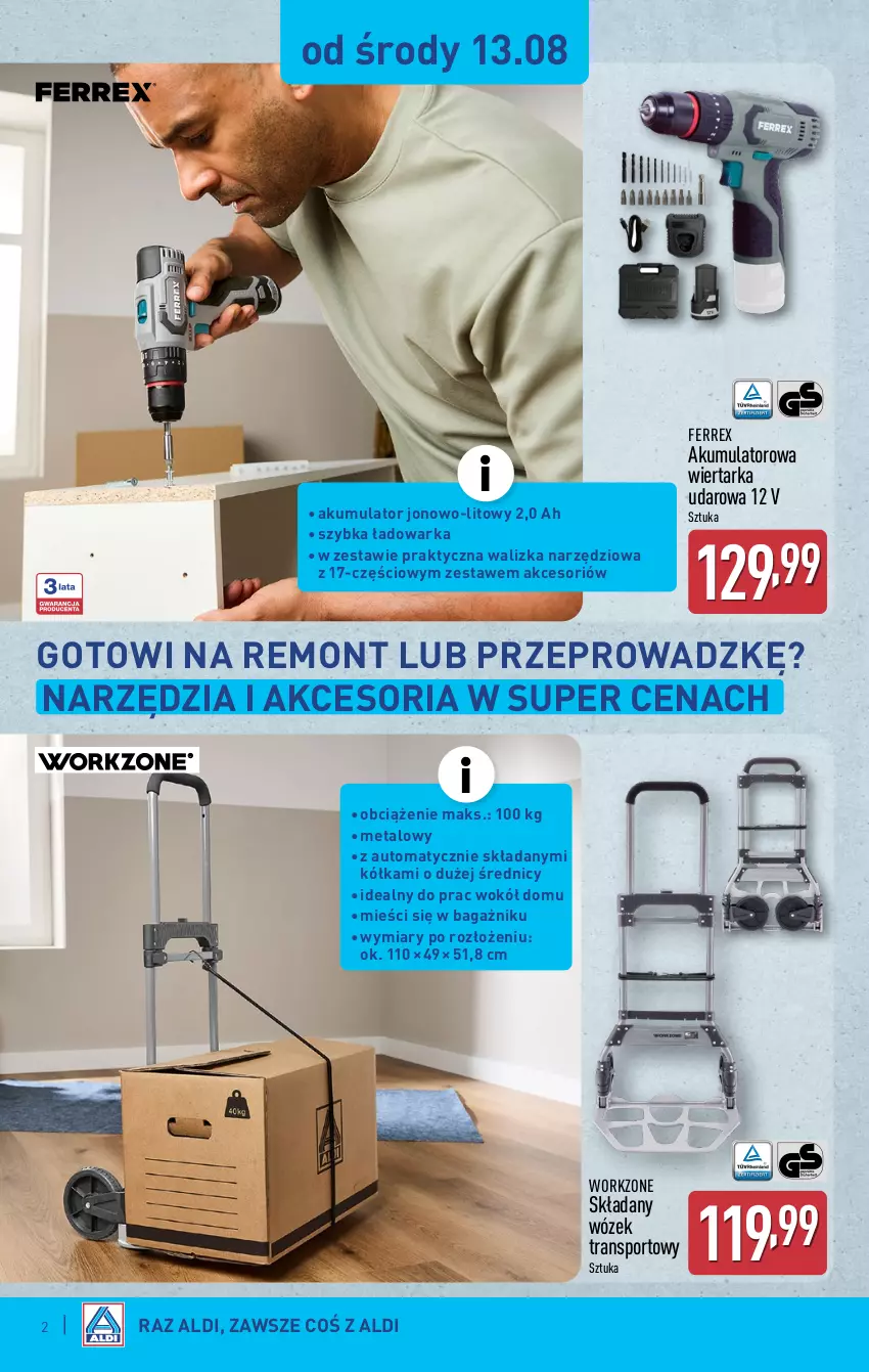 Gazetka promocyjna Aldi - Artykuły przemysłowe i tekstylia - ważna 13.08 do 16.08.2025 - strona 2 - produkty: Akumulator, Por, Sport, Tarka, Tran, Walizka, Warka, Wiertarka, Wiertarka udarowa, Wózek, Wózek transportowy