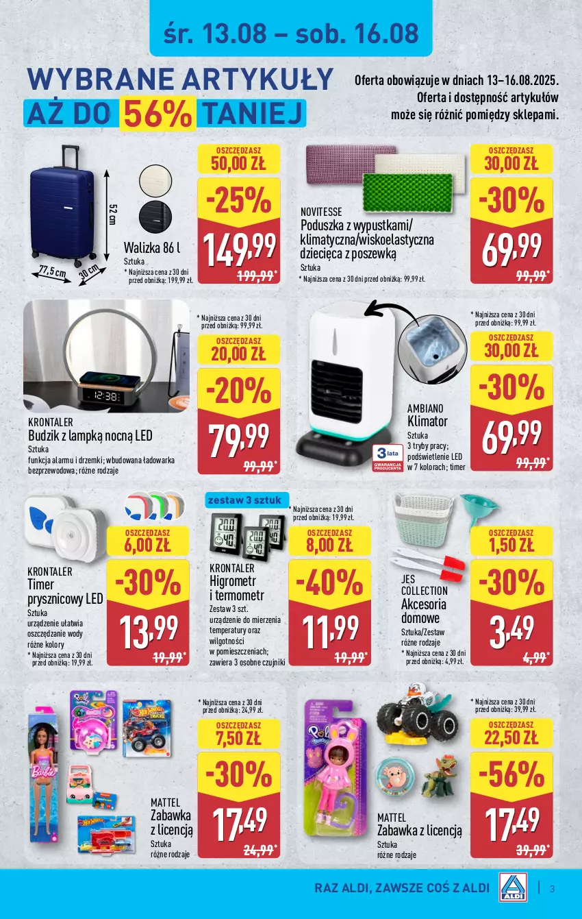 Gazetka promocyjna Aldi - Artykuły przemysłowe i tekstylia - ważna 13.08 do 16.08.2025 - strona 3 - produkty: Budzik, Dzieci, LG, Mattel, Poduszka, Termometr, Walizka, Warka, Zabawka
