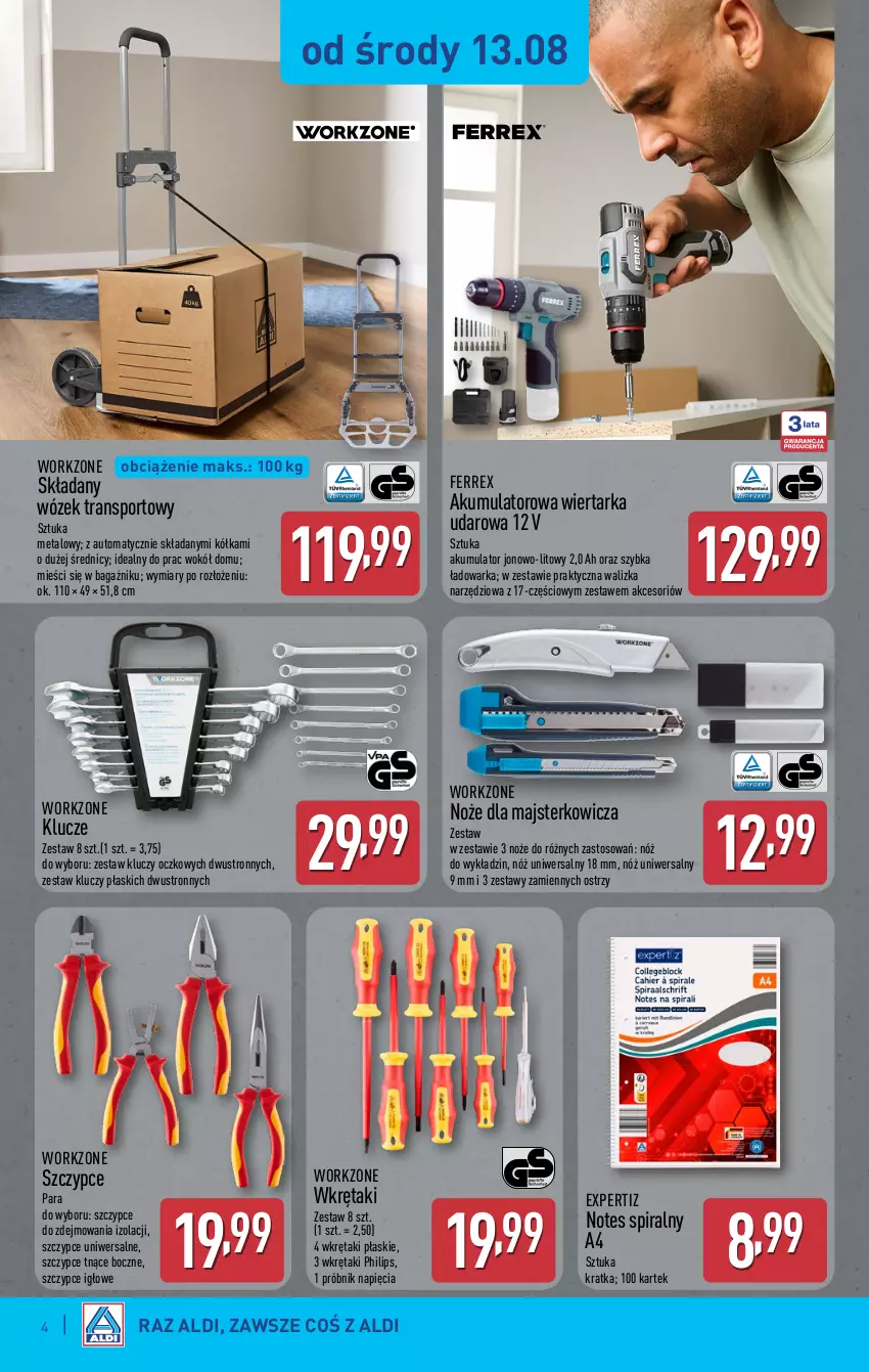 Gazetka promocyjna Aldi - Artykuły przemysłowe i tekstylia - ważna 13.08 do 16.08.2025 - strona 4 - produkty: Akumulator, Noż, Nóż uniwersalny, Philips, Por, Sport, Szczypce, Tarka, Tran, Walizka, Warka, Wiertarka, Wiertarka udarowa, Wkręt, Wózek, Wózek transportowy, Zestaw kluczy