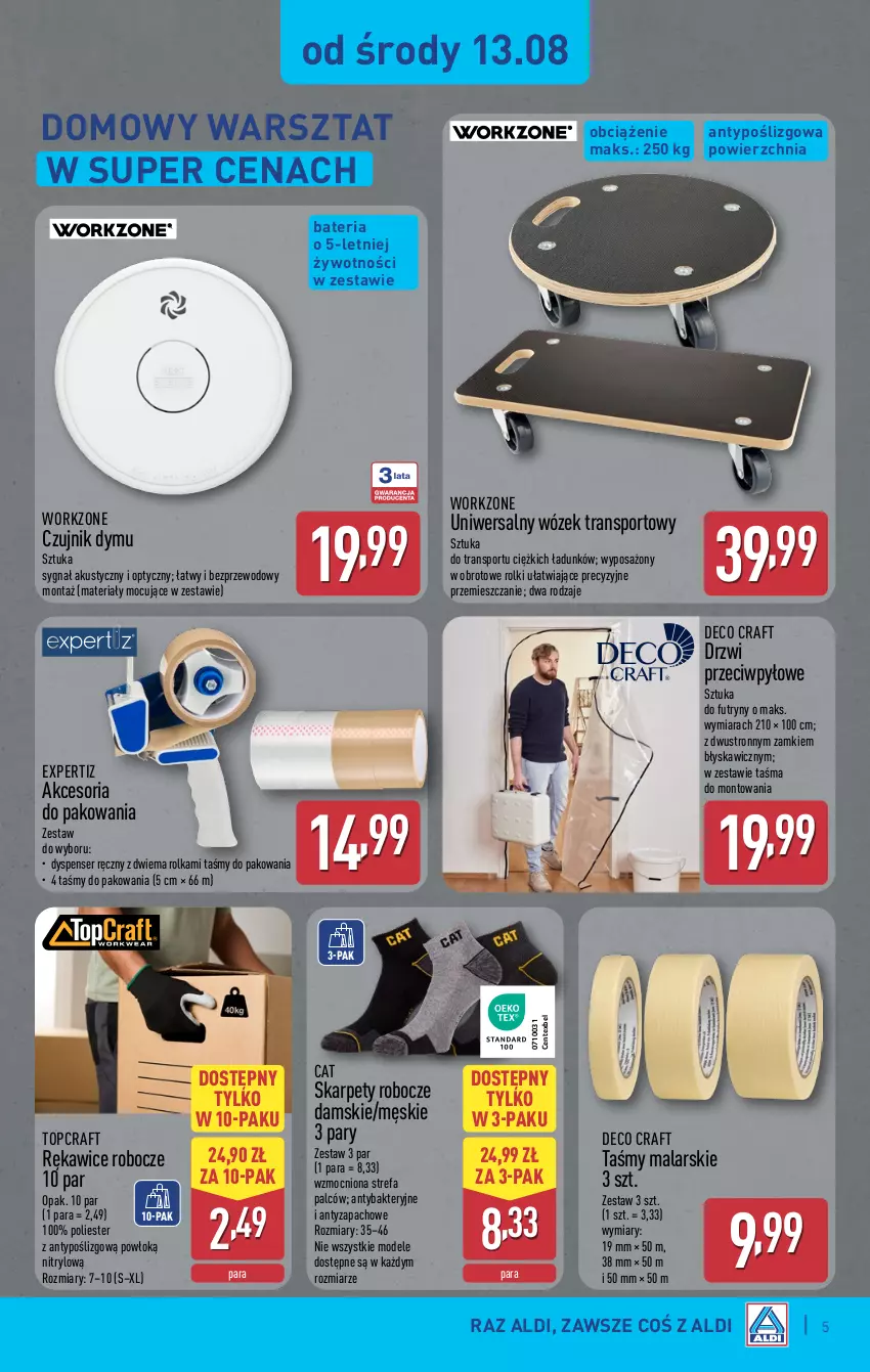 Gazetka promocyjna Aldi - Artykuły przemysłowe i tekstylia - ważna 13.08 do 16.08.2025 - strona 5 - produkty: Akcesoria do pakowania, Bateria, Drzwi, Fa, Karp, Por, Rękawice, Rękawice robocze, Rolki, Ser, Sport, Top, Tran, Wózek, Wózek transportowy