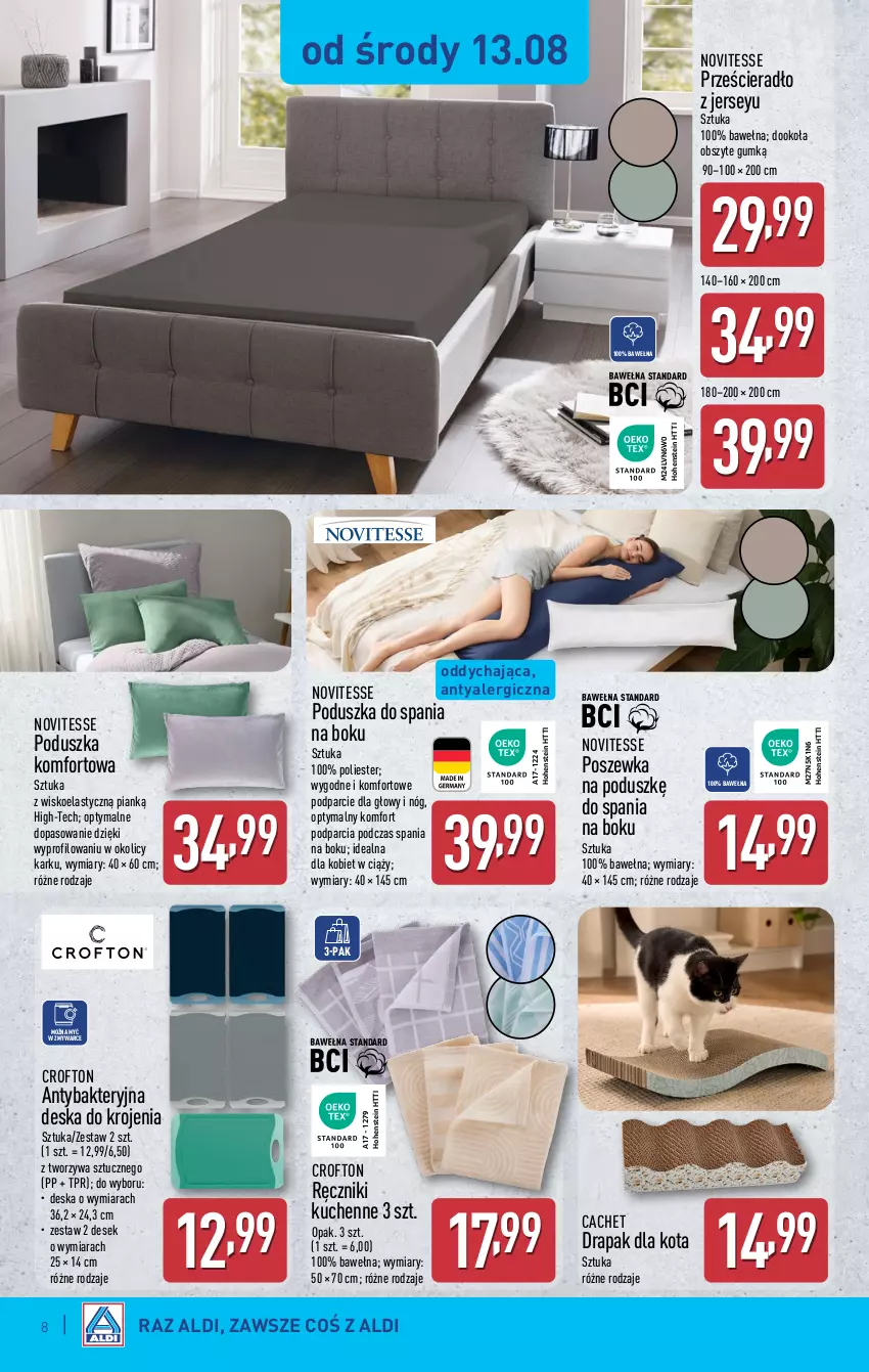 Gazetka promocyjna Aldi - Artykuły przemysłowe i tekstylia - ważna 13.08 do 16.08.2025 - strona 8 - produkty: Deska do krojenia, Drapak, Poduszka, Poszewka, Prześcieradło, Ręcznik, Wełna