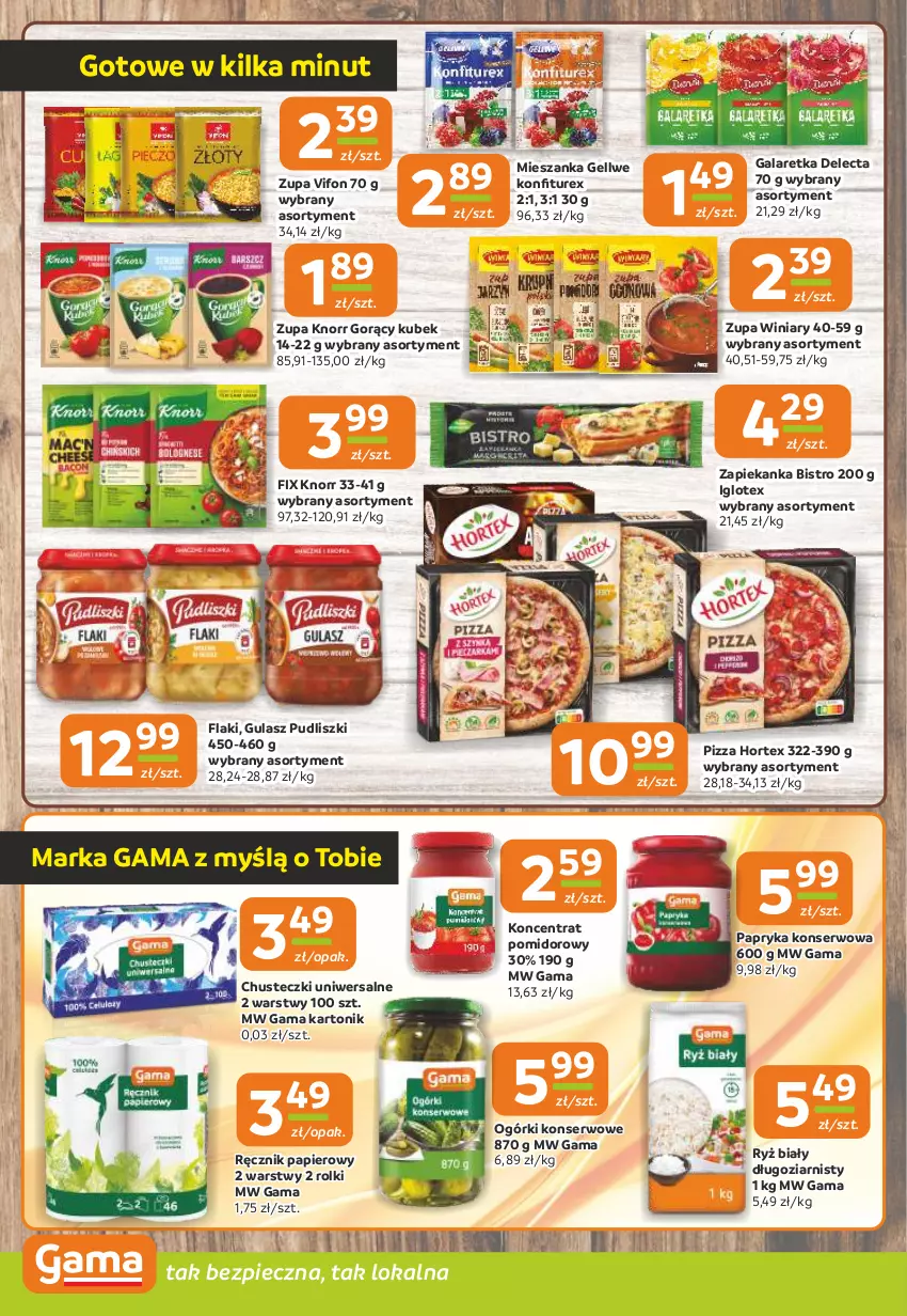 Gazetka promocyjna Gama - Gazetka Gama - ważna 12.06 do 24.06.2025 - strona 8 - produkty: Chusteczki, Delecta, Flaki, Gala, Galaretka, Hortex, Knorr, Koncentrat pomidorowy, Kubek, Ogórki konserwowe, Papier, Papryka, Piec, Pizza, Pudliszki, Ręcznik, Rolki, Ryż, Ryż biały, Ser, Tonik, Winiary, Zapiekanka, Zupa