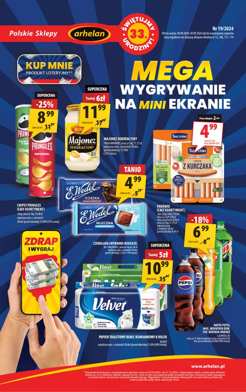 Gazetka promocyjna Arhelan - Gazetka - ważna 20.09 do 29.09.2024 - strona 1 - produkty: Chipsy, Czekolada, Gra, Gry, Kurczak, Mirinda, Napój, Papier, Papier toaletowy, Parówki, Pepsi, Pringles, Rum, Tarczyński, Velvet, Winiary