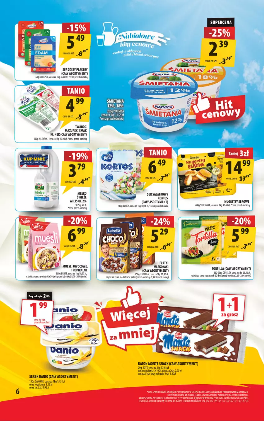 Gazetka promocyjna Arhelan - Gazetka - ważna 20.09 do 29.09.2024 - strona 6 - produkty: Baton, Bell, Danio, Danone, Mleko, Monte, Rum, Sałat, Sante, Ser, Serek, Tortilla