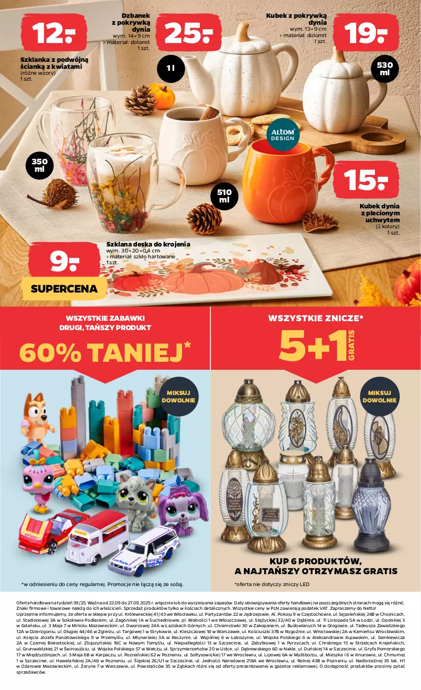 Gazetka promocyjna Netto - Od Poniedziałku Przemysłowa - ważna 22.09 do 27.09.2025 - strona 3 - produkty: Deska do krojenia, Dzbanek, Fa, Gra, Gry, Karp, Kubek, Kujawski, LANA, Podlaski, Sok, Stock, Szklanka, Top, Wino, Znicz