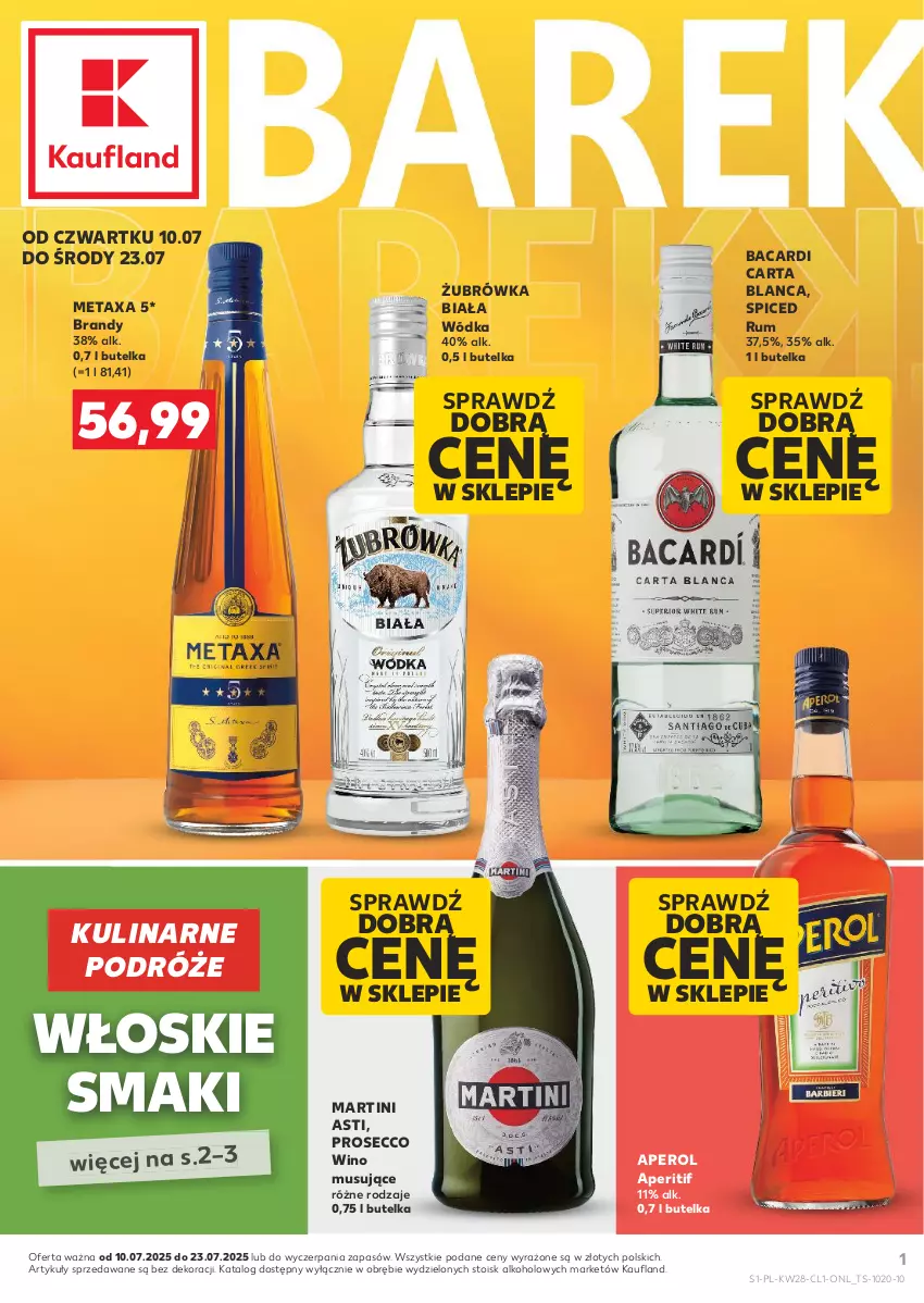 Gazetka promocyjna Kaufland - Barek Kauflandu - ważna 10.07 do 23.07.2025 - strona 1 - produkty: Aperol, Bacardi, Brandy, Martini, Metaxa, Mus, Prosecco, Rum, Wino, Wino musujące, Wódka