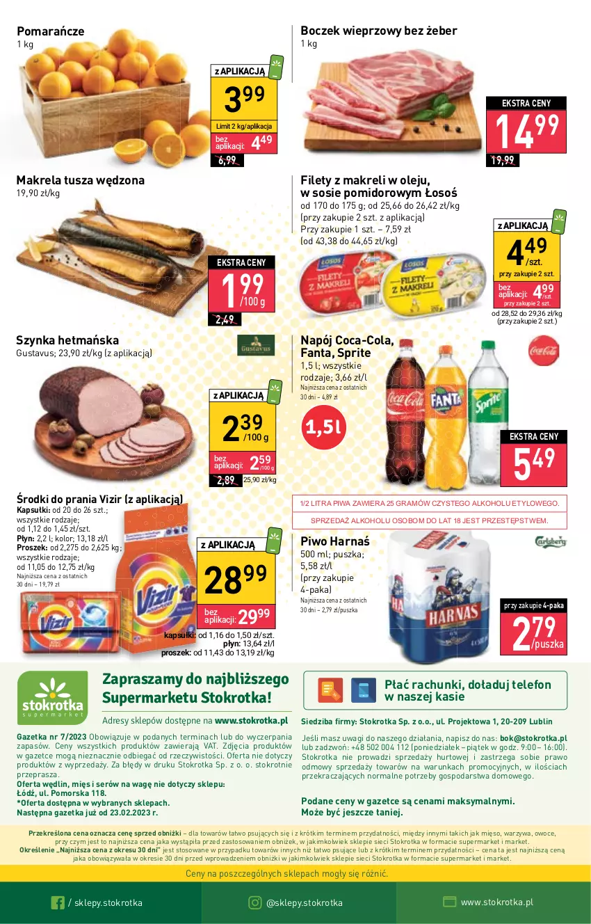 Gazetka promocyjna Stokrotka - Supermarket - ważna 16.02 do 22.02.2023 - strona 28 - produkty: Boczek, Boczek wieprzowy, Coca-Cola, Dres, Fa, Fanta, Gra, Harnaś, JBL, Mięso, Napój, O nas, Olej, Owoce, Piwa, Piwo, Pomarańcze, Ser, Sos, Sprite, Szynka, Telefon, Tusz, Vizir, Wagi, Warzywa