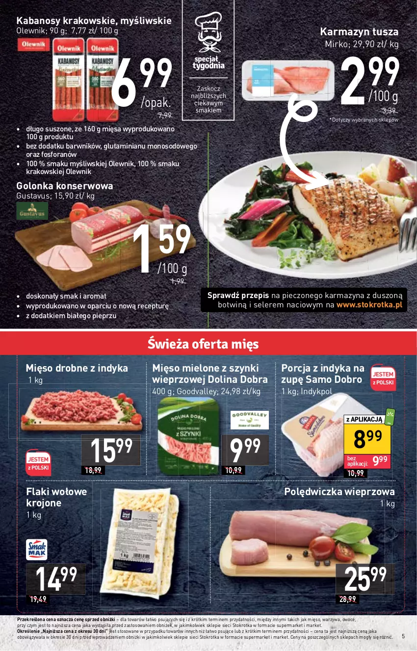 Gazetka promocyjna Stokrotka - Supermarket - ważna 16.02 do 22.02.2023 - strona 5 - produkty: Flaki, Flaki wołowe, Kabanos, Karmazyn tusza, Mięso, Mięso mielone, Mięso mielone z szynki, Olewnik, Owoce, Piec, Pieprz, Polędwiczka wieprzowa, Por, Ser, Tusz, Warzywa