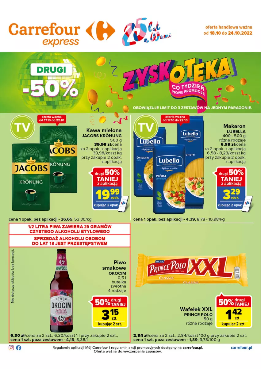 Gazetka promocyjna Carrefour - Gazetka Express - ważna 18.10 do 24.10.2022 - strona 2 - produkty: Bell, Bella, Gra, Jacobs, Kawa, Kawa mielona, Koc, Kosz, Lubella, Makaron, Okocim, Piwa, Piwo, Prince Polo, Wafelek