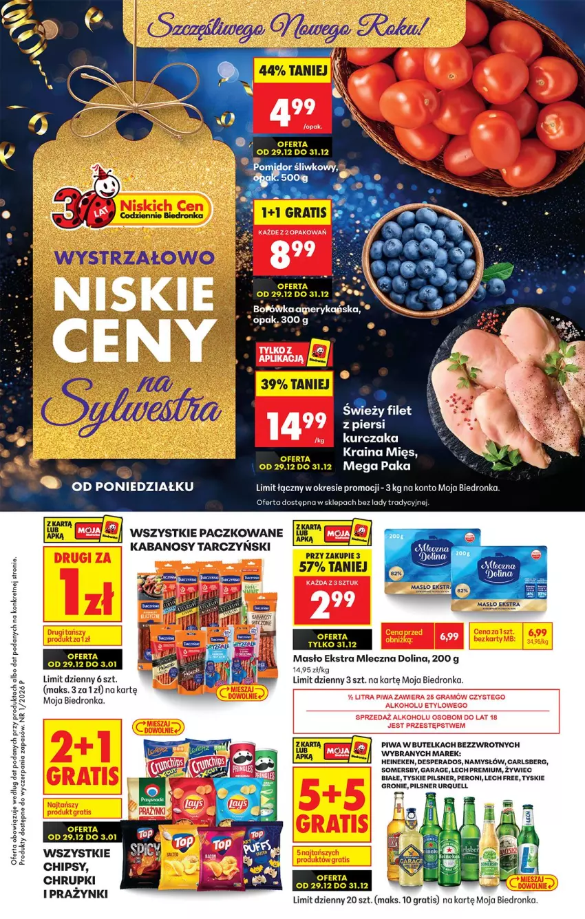 Gazetka promocyjna Biedronka - Od Wtorku - ważna 29.12.2026 do 02.01.2027 - strona 1 - produkty: Carlsberg, Desperados, Gra, Heineken, Kabanos, Kurczak, Lech Premium, Masło, Namysłów, Pilsner Urquell, Piwa, Somersby, Tera, Tyskie