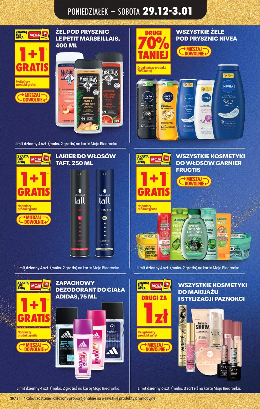 Gazetka promocyjna Biedronka - Od Wtorku - ważna 29.12.2026 do 02.01.2027 - strona 24 - produkty: Adidas, Dezodorant, Gin, Gra, Lakier, Lakier do włosów, Makijaż, Mars, Nivea, Taft