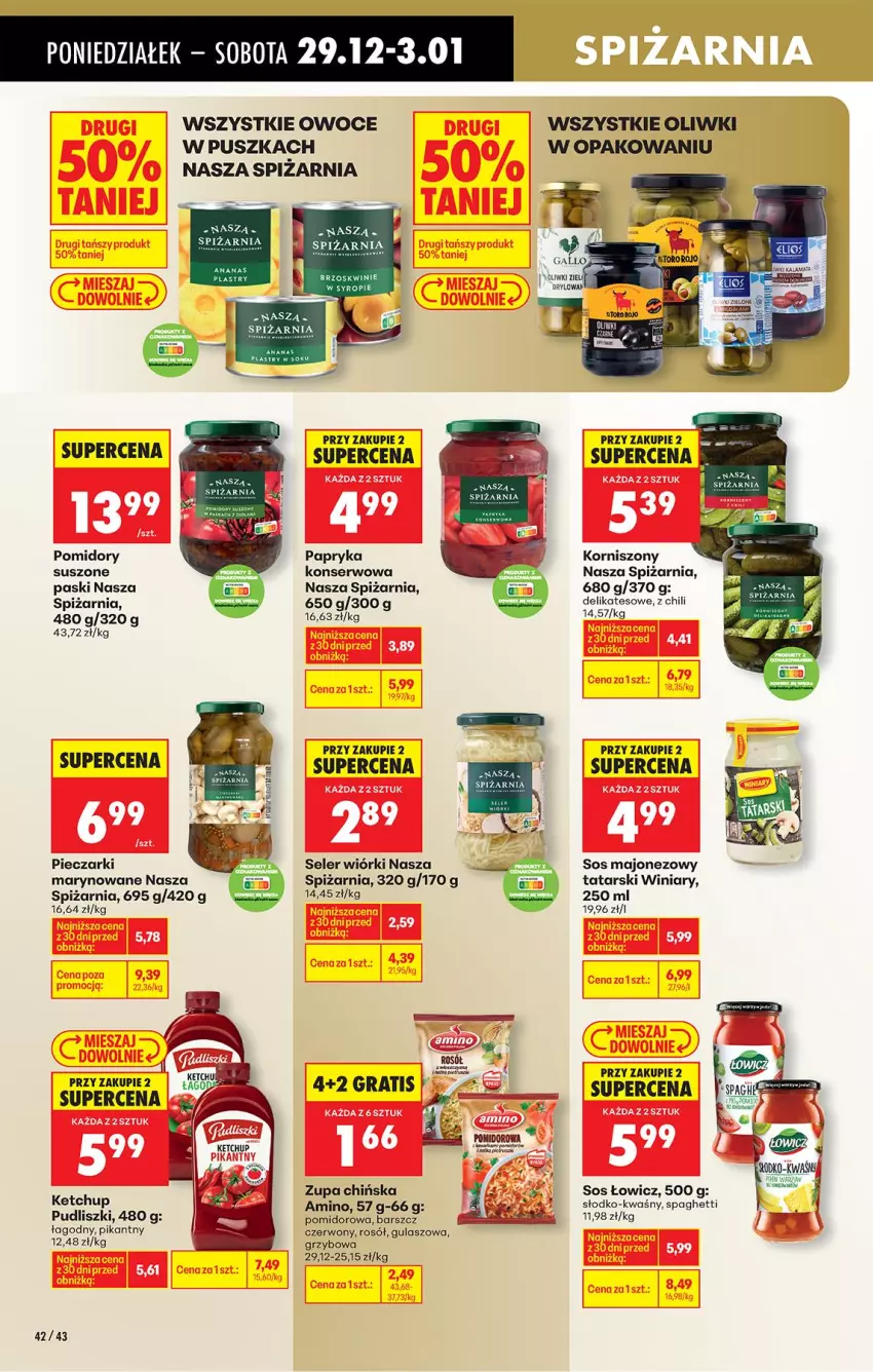 Gazetka promocyjna Biedronka - Od Wtorku - ważna 29.12.2026 do 02.01.2027 - strona 52 - produkty: Brzoskwinie, Gra, Ketchup, Korniszony, Majonez, Oliwki, Owoce, Papryka, Piec, Pomidory, Pudliszki, Rosół, Ser, Sos, Spaghetti, Syrop, Winiary, Zupa
