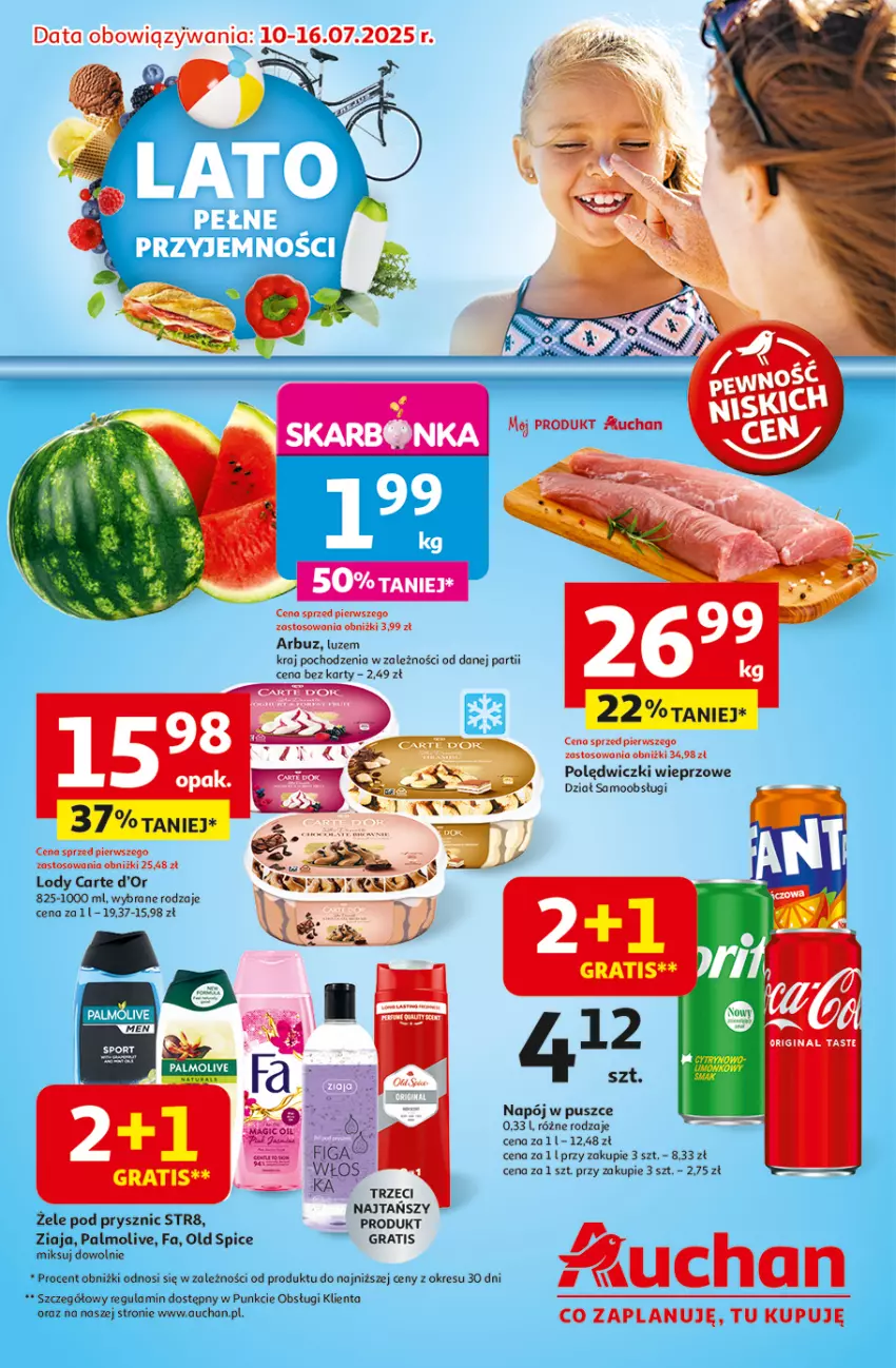 Gazetka promocyjna Auchan - LATO PEŁNE PRZYJEMNOŚCI Hipermarket - ważna 10.07 do 16.07.2025 - strona 1 - produkty: Arbuz, Carte d'Or, Fa, Gra, Lody, Napój, Old Spice, Palmolive, Ziaja