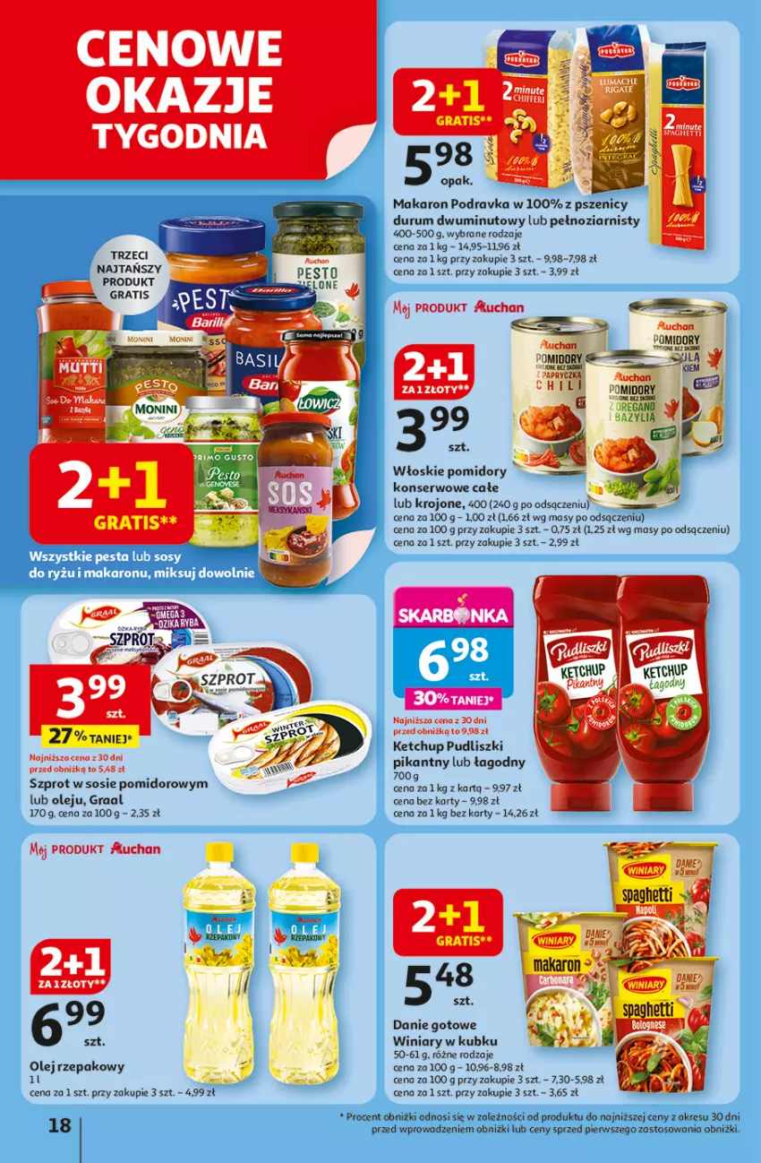 Gazetka promocyjna Auchan - LATO PEŁNE PRZYJEMNOŚCI Hipermarket - ważna 10.07 do 16.07.2025 - strona 18 - produkty: Danie gotowe, Gra, Graal, Gry, Ketchup, Makaron, Monini, Olej, Olej rzepakowy, Pesto, Podravka, Pomidory, Pudliszki, Rum, Ser, Sos, Szprot, Szprot w sosie, Winiary