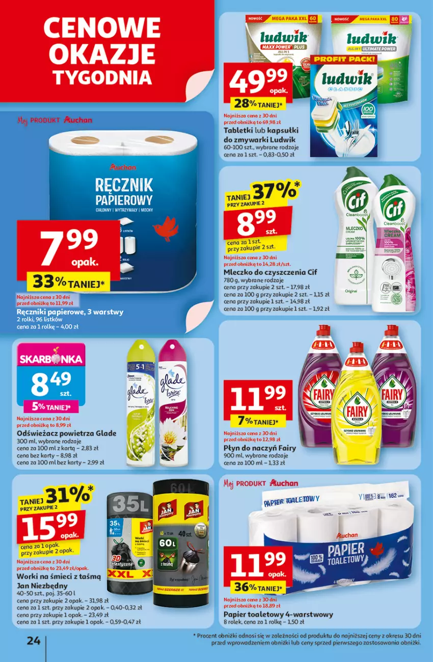 Gazetka promocyjna Auchan - LATO PEŁNE PRZYJEMNOŚCI Hipermarket - ważna 10.07 do 16.07.2025 - strona 24 - produkty: Cif, Fa, Fairy, Ludwik, Mleczko, Mus, Odświeżacz powietrza, Papier, Papier toaletowy, Tablet, Worki na śmiec, Worki na śmieci, Zmywarki