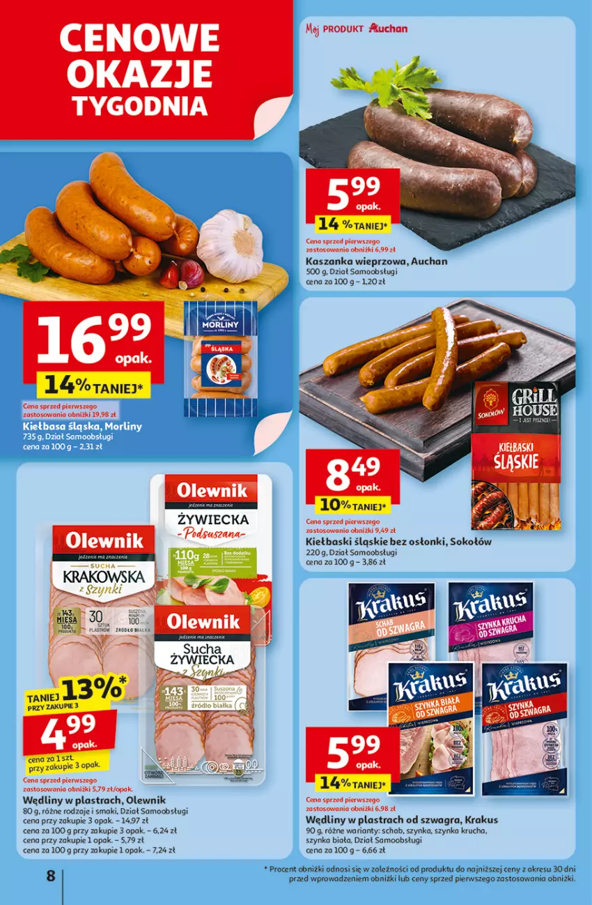 Gazetka promocyjna Auchan - LATO PEŁNE PRZYJEMNOŚCI Hipermarket - ważna 10.07 do 16.07.2025 - strona 8 - produkty: Gra, Kasza, Kaszanka, Kiełbaski śląskie, Krakus, Olewnik, Sok, Sokołów, Szynka, Szynka biała