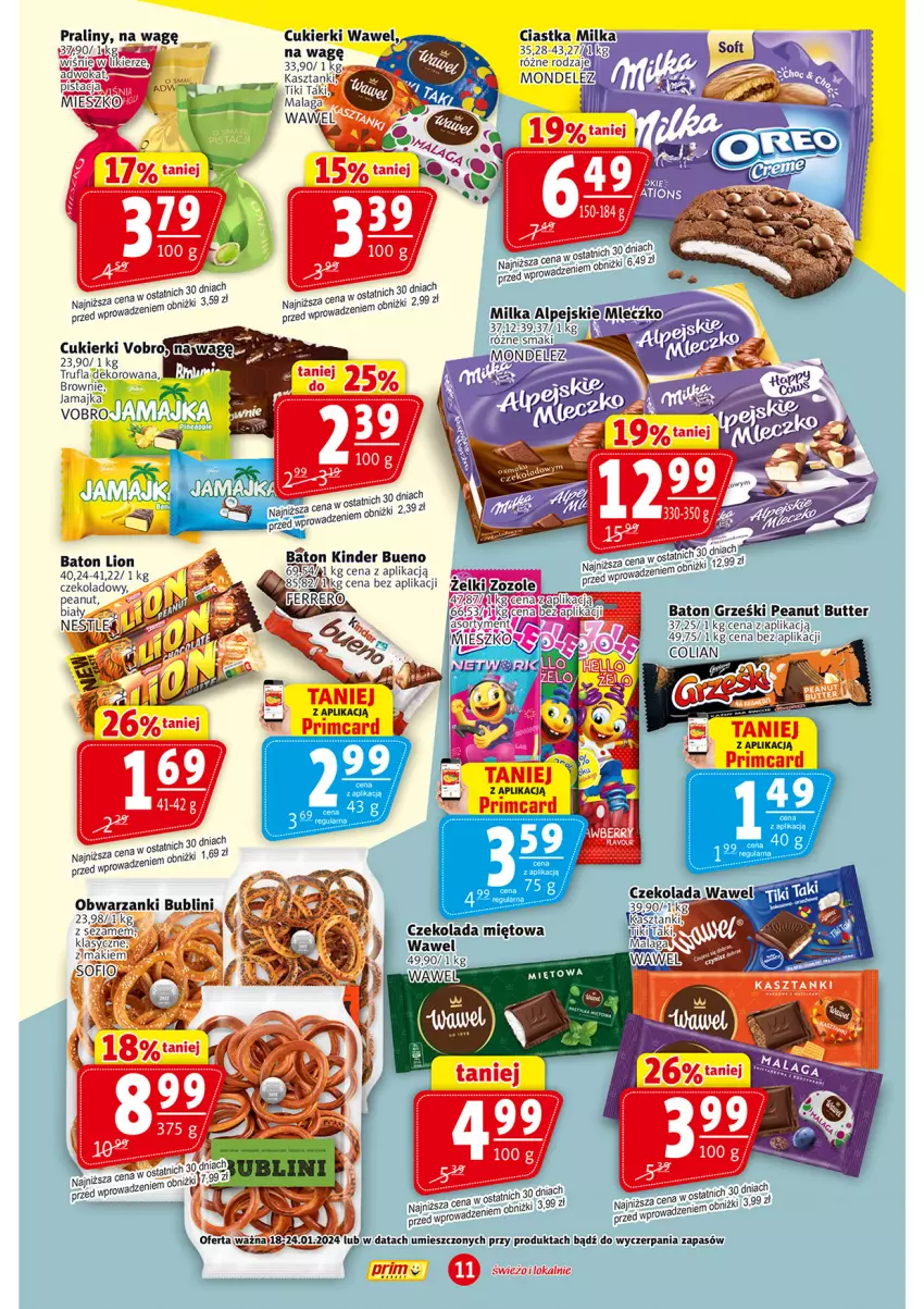 Gazetka promocyjna Prim Market - ważna 18.01 do 24.01.2024 - strona 11 - produkty: Baton, Brownie, Cukier, Cukierki, Czekolada, Grześki, Kinder, Kinder Bueno, Lion, Wawel