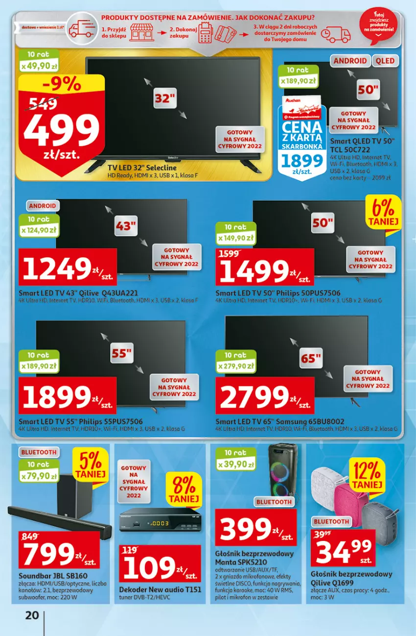 Gazetka promocyjna Auchan - Gazetka Koszyk Oszczędności Auchan Hipermarkety - ważna 03.11 do 09.11.2022 - strona 20 - produkty: Clin, Głośnik, Gry, HD ready, JBL, LED TV, Manta, Mikrofon, Philips, Samsung, Soundbar, Subwoofer