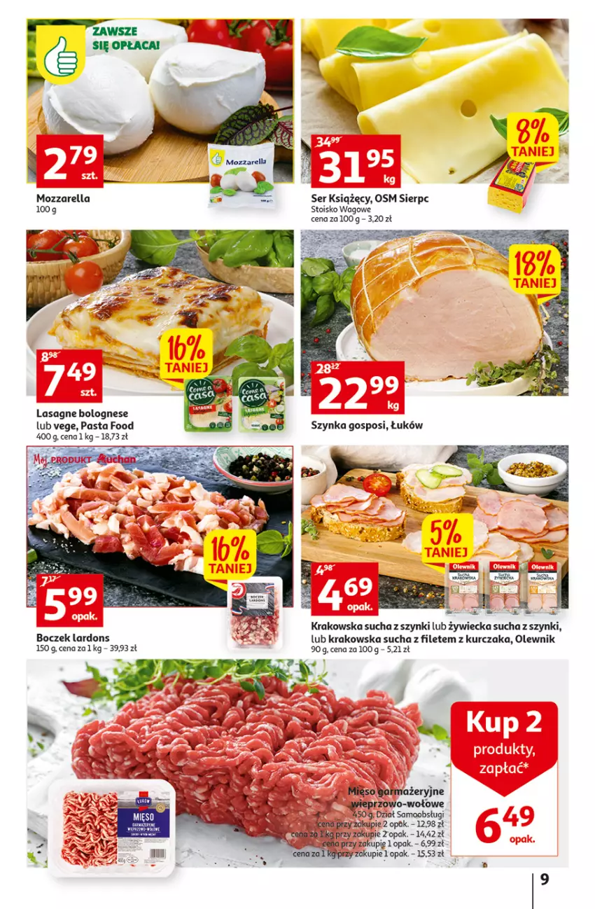 Gazetka promocyjna Auchan - Gazetka Koszyk Oszczędności Auchan Hipermarkety - ważna 03.11 do 09.11.2022 - strona 9 - produkty: Boczek, Kurczak, Lasagne, Lasagne bolognese, Mięso, Mozzarella, Olewnik, Ser