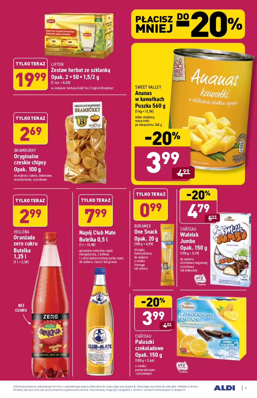 Gazetka promocyjna Aldi - PROMOCJE NA WEEKEND - ważna 01.07 do 03.07.2021 - strona 4 - produkty: Ananas, Beko, Chipsy, Fa, Gin, Gra, Granat, Hellena, Herbata, Kawa, Kokos, Lipton, Mus, Napój, Napój energetyczny, Oranżada, Tera, Wafelek