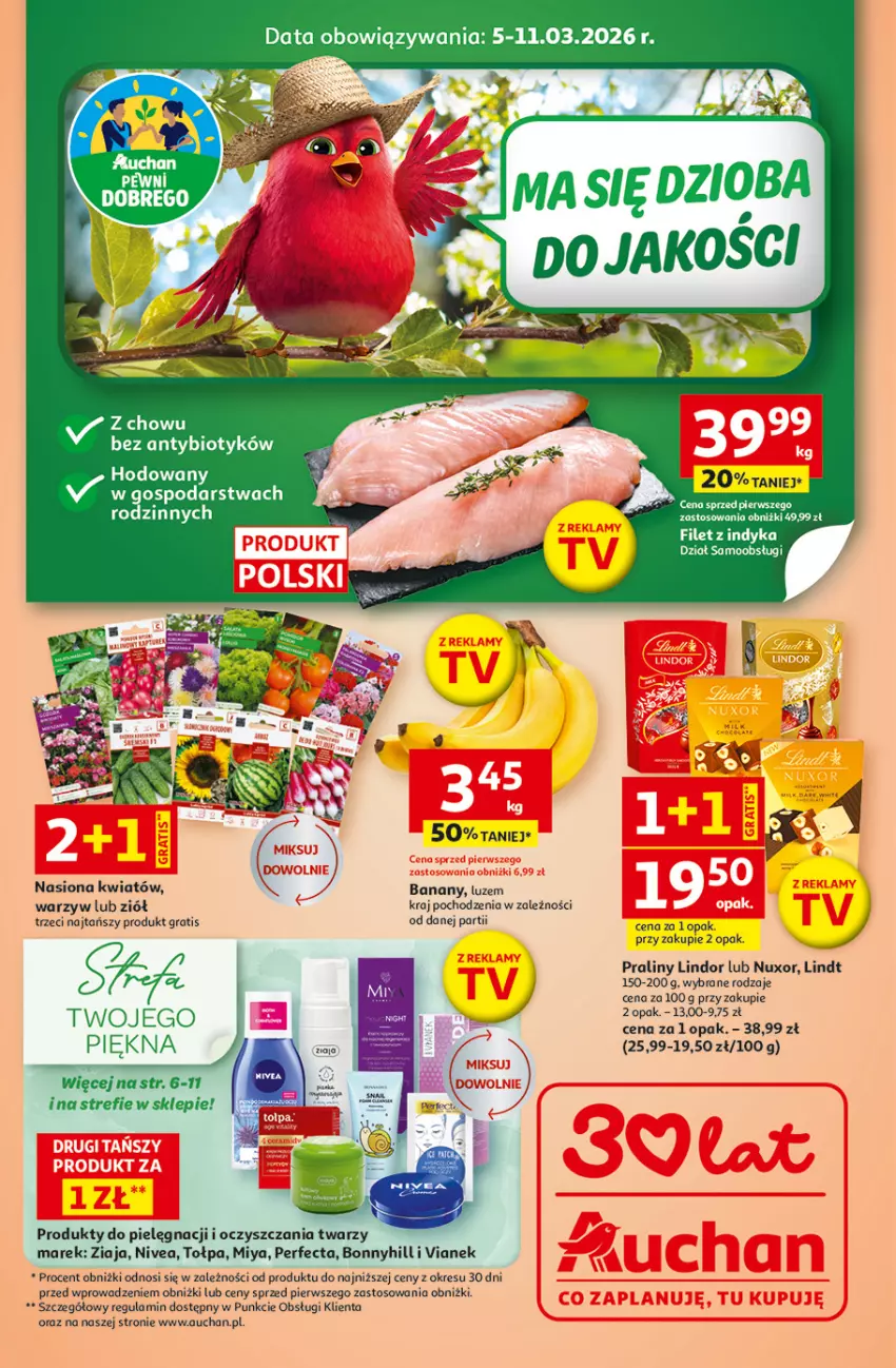 Gazetka promocyjna Auchan - 30 Lat Hipermarket - ważna 05.03 do 11.03.2026 - strona 1 - produkty: Banany, Gra, Lindor, Lindt, Nivea, Perfecta, Praliny, Tołpa, Ziaja
