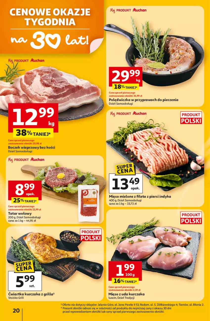 Gazetka promocyjna Auchan - 30 Lat Hipermarket - ważna 05.03 do 11.03.2026 - strona 20 - produkty: Boczek, Boczek wieprzowy, Grill, Kurczak, Mięso, Mięso mielone, Mięso z uda kurczaka, Piec, Tatar wołowy