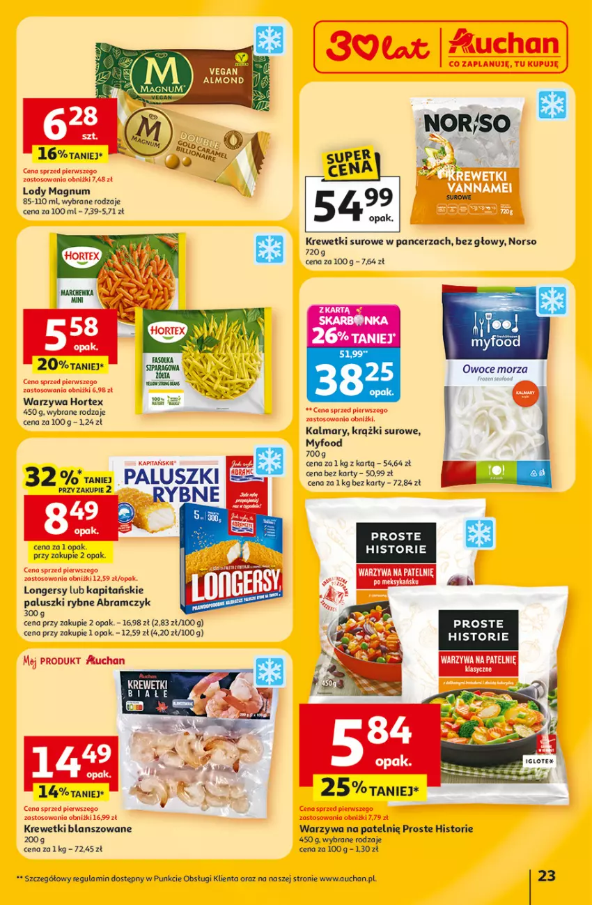 Gazetka promocyjna Auchan - 30 Lat Hipermarket - ważna 05.03 do 11.03.2026 - strona 23 - produkty: Fa, Hortex, Kalmar, Kalmary, Krewetki, Lody, Paluszki rybne, Warzywa