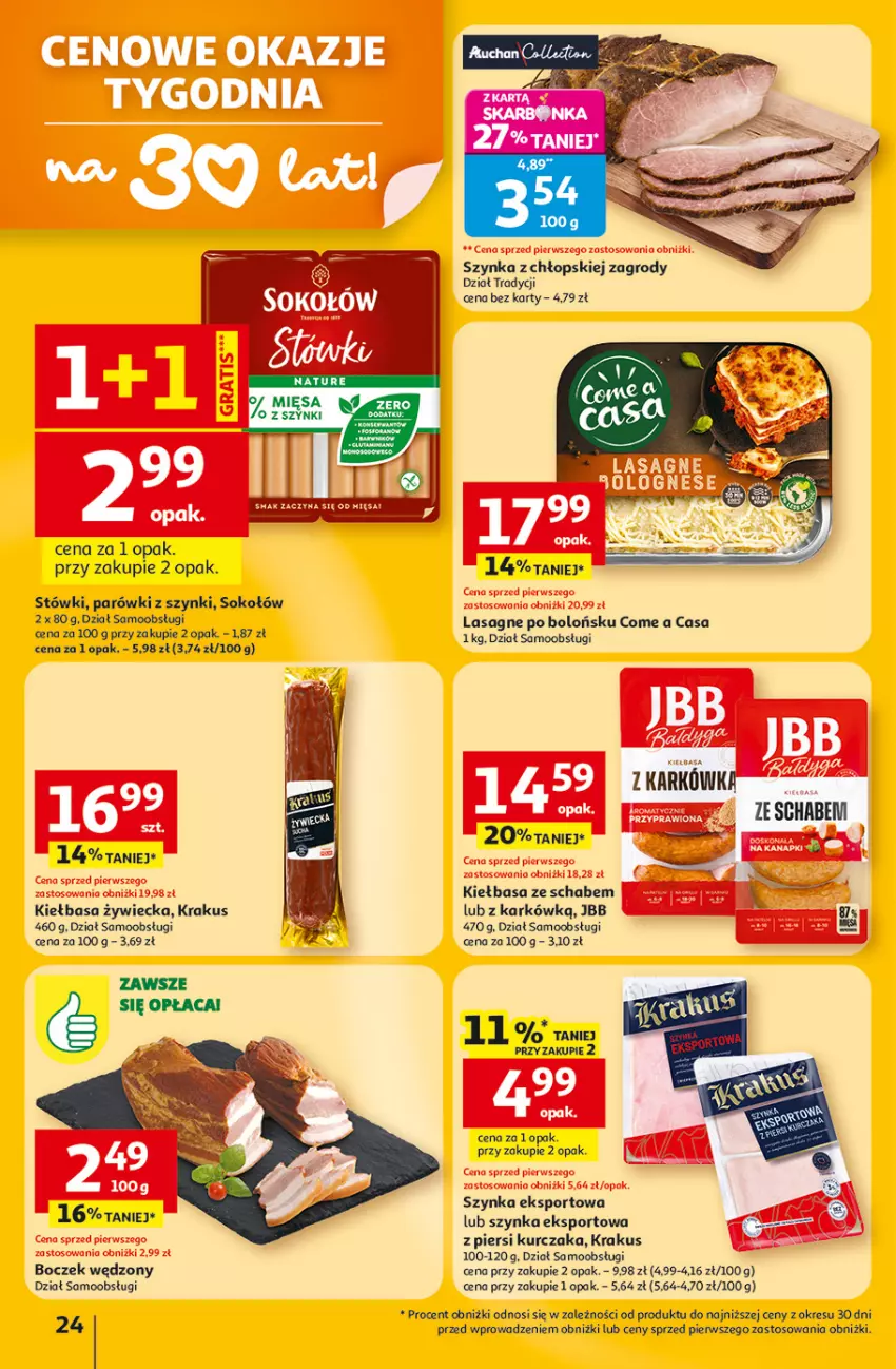 Gazetka promocyjna Auchan - 30 Lat Hipermarket - ważna 05.03 do 11.03.2026 - strona 24 - produkty: Boczek, Fa, Kiełbasa, Krakus, Kurczak, Lasagne, Parówki, Parówki z szynki, Por, Sok, Sokołów, Sport, Szynka