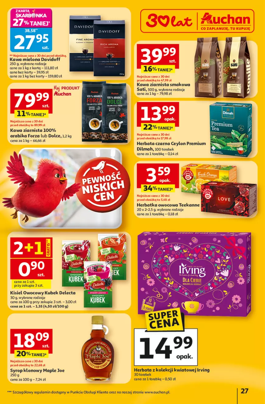 Gazetka promocyjna Auchan - 30 Lat Hipermarket - ważna 05.03 do 11.03.2026 - strona 27 - produkty: Davidoff, Delecta, Dilmah, Herbata, Herbata czarna, Irving, Kawa, Kawa mielona, Kawa ziarnista, Kisiel, Kubek, Sati, Syrop