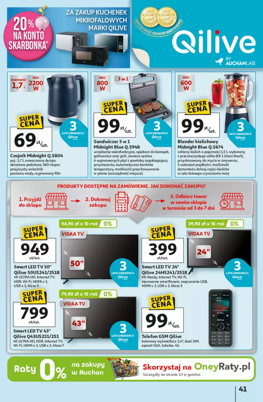 Gazetka promocyjna Auchan - 30 Lat Hipermarket - ważna 05.03 do 11.03.2026 - strona 41 - produkty: Blender, Czajnik, Gofrownica, Grill, Gry, HD ready, Latarka, LED TV, Noż, Opiekacz do kanapek, Smartfon, Tarka, Telefon, Top, Urządzenie wielofunkcyjne