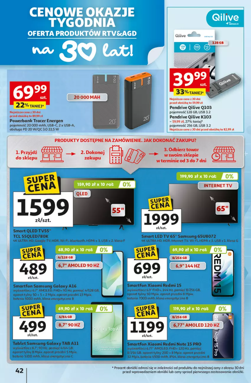Gazetka promocyjna Auchan - 30 Lat Hipermarket - ważna 05.03 do 11.03.2026 - strona 42 - produkty: Acer, Amol, Bateria, Gala, LED TV, Oleo, Pendrive, Powerbank, Redmi Note, Samsung, Smartfon, Tablet, Tera