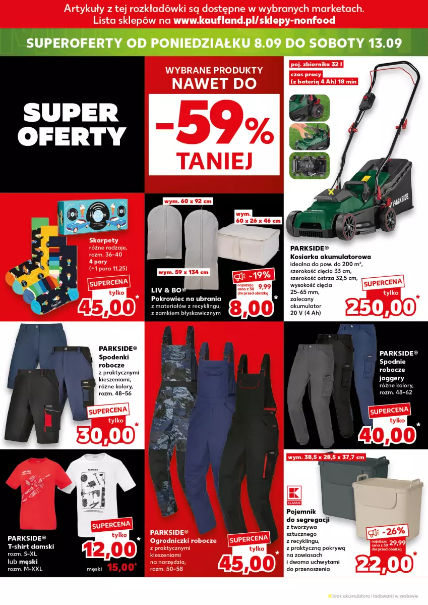 Gazetka promocyjna Kaufland - Kaufland - ważna 04.09 do 10.09.2025 - strona 18 - produkty: Akumulator, Karp, Kosiarka, Parkside, Pojemnik, Pokrowiec, Pokrowiec na ubrania, Sok, Spodnie, Ubrania
