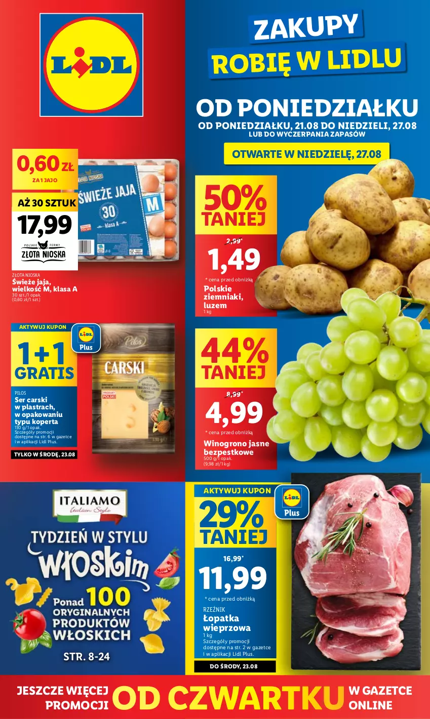 Gazetka promocyjna Lidl - GAZETKA - ważna 21.08 do 27.08.2023 - strona 1 - produkty: Cars, Gra, Jaja, Pilos, Ser, Wino, Ziemniaki