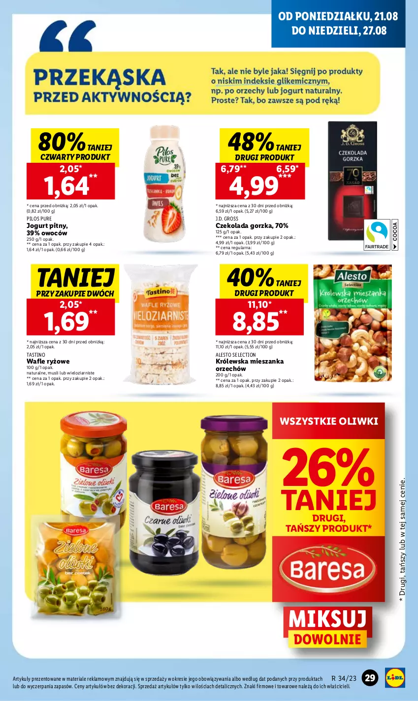 Gazetka promocyjna Lidl - GAZETKA - ważna 21.08 do 27.08.2023 - strona 35 - produkty: Czekolada, Czekolada gorzka, Jogurt, Jogurt pitny, Mus, Oliwki, Pilos, Pur, Ryż, Wafle