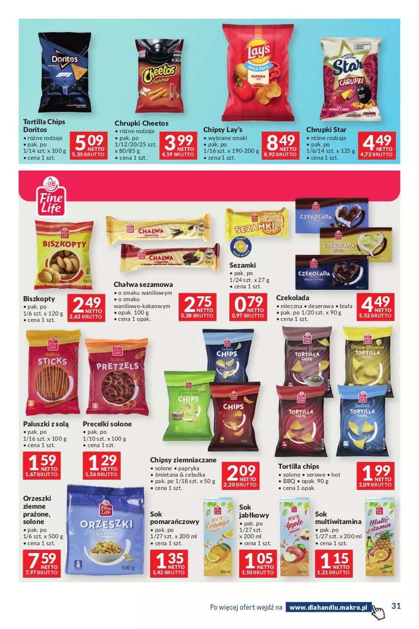 Gazetka promocyjna Makro - Dystrybucja do sklepów - ważna 27.10 do 23.11.2026 - strona 31 - produkty: Biszkopty, Chałwa, Cheetos, Chipsy, Chrupki, Czekolada, Deser, Kakao, Lay’s, Orzeszki, Orzeszki ziemne, Papryka, Precelki, Ser, Sezam, Sok, Sok jabłkowy, Sok pomarańczowy, Tortilla, Tortilla Chips