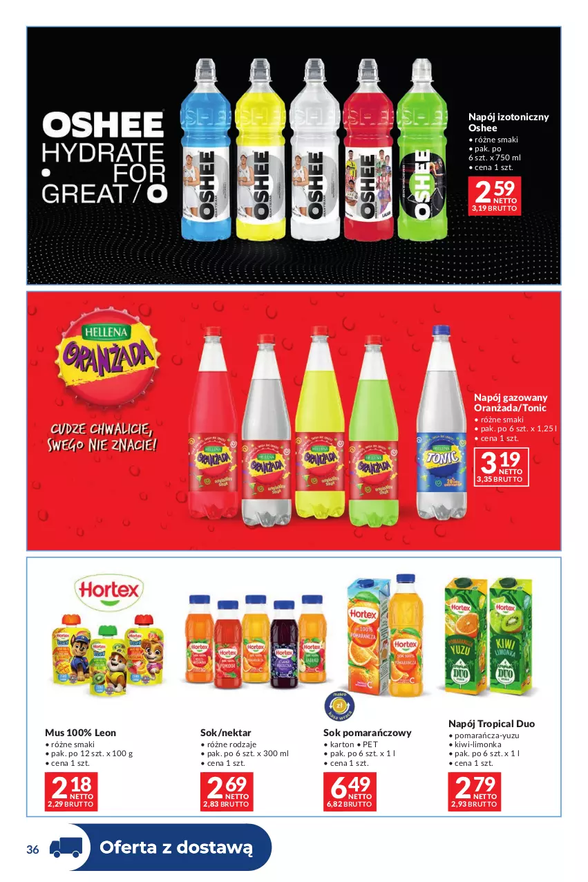 Gazetka promocyjna Makro - Dystrybucja do sklepów - ważna 27.10 do 23.11.2026 - strona 36 - produkty: Kiwi, Leon, Limonka, Mus, Napój, Napój gazowany, Napój izotoniczny, Nektar, Oranżada, Oshee, Sok, Sok pomarańczowy, Tropical