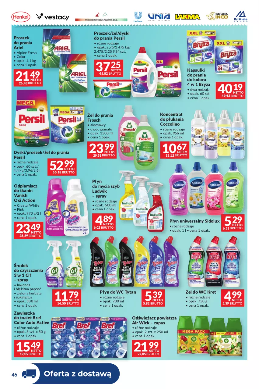 Gazetka promocyjna Makro - Dystrybucja do sklepów - ważna 27.10 do 23.11.2026 - strona 46 - produkty: Air Wick, Ariel, Bref, Bryza, Cif, Coccolino, Frosch, Gra, Granat, Herbata, Kapsułki do prania, Kret, Ludwik, Odplamiacz, Odświeżacz powietrza, Persil, Płyn do mycia, Płyn do wc, Proszek do prania, Sidolux, Tytan, Vanish