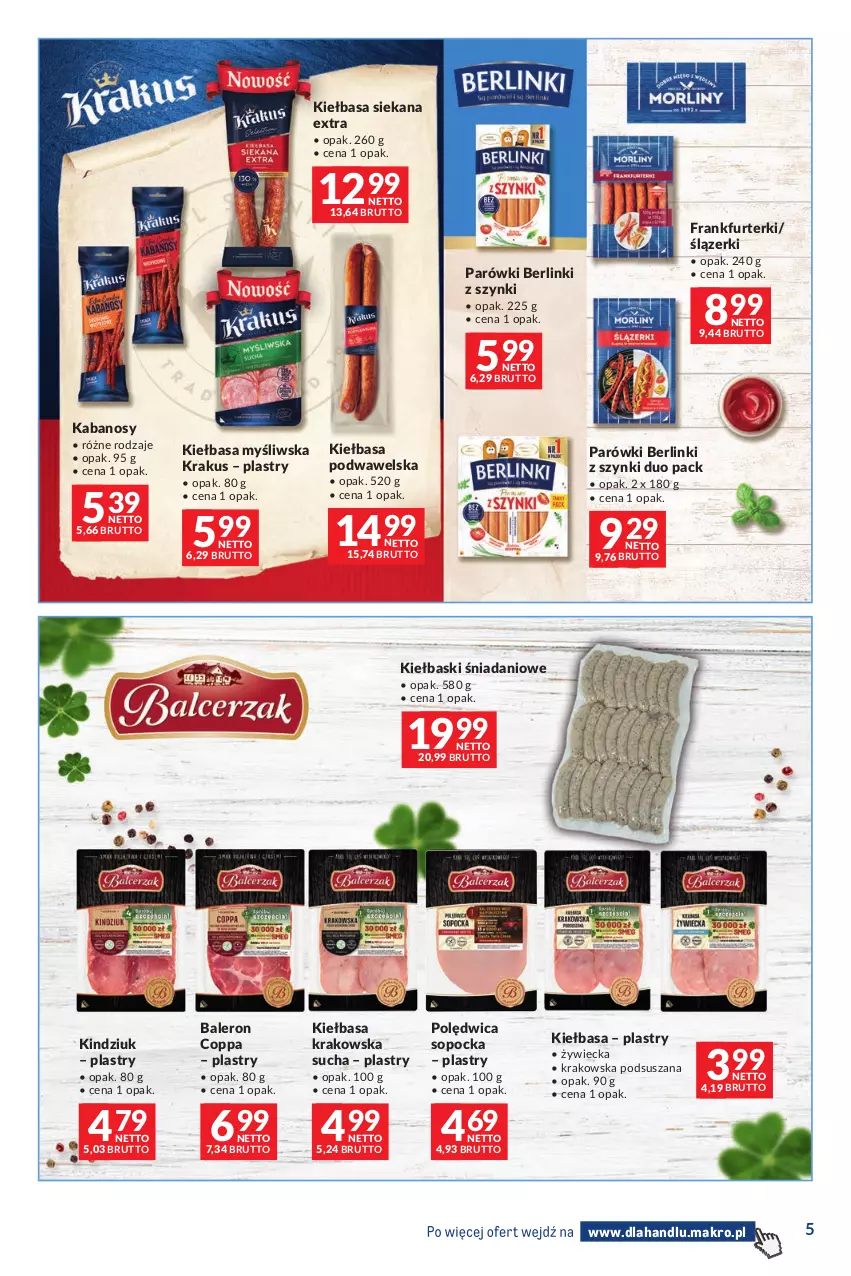 Gazetka promocyjna Makro - Dystrybucja do sklepów - ważna 27.10 do 23.11.2026 - strona 5 - produkty: Berlinki, Danio, Frankfurterki, Kabanos, Kiełbasa, Kiełbasa krakowska, Kiełbasa podwawelska, Kindziuk, Krakus, Parówki, Polędwica, Wawel