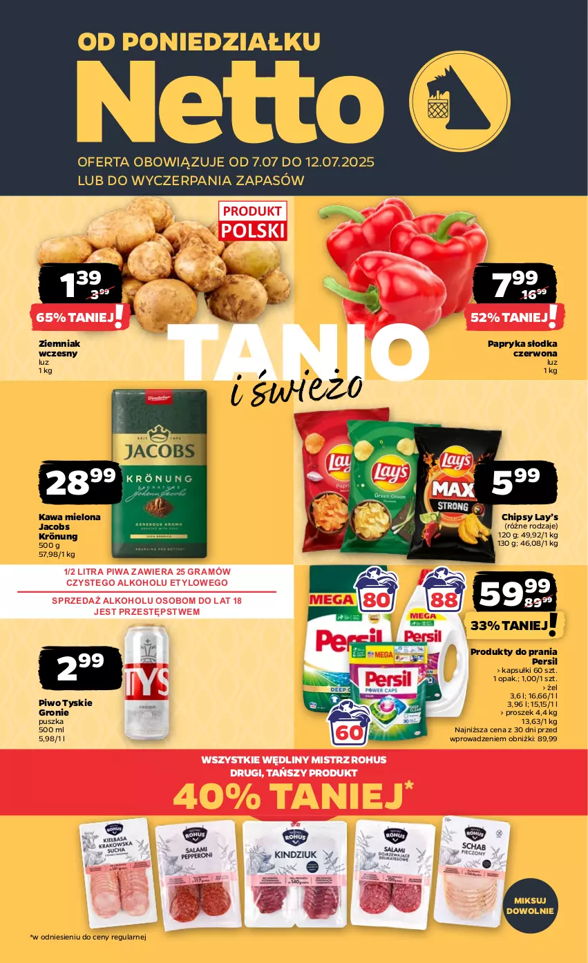 Gazetka promocyjna Netto - Od Poniedziałku - ważna 07.07 do 12.07.2025 - strona 1 - produkty: Chipsy, Gra, Jacobs, Jacobs Krönung, Kawa, Kawa mielona, Lay’s, Papryka, Papryka słodka, Persil, Piwa, Piwo, Tyskie