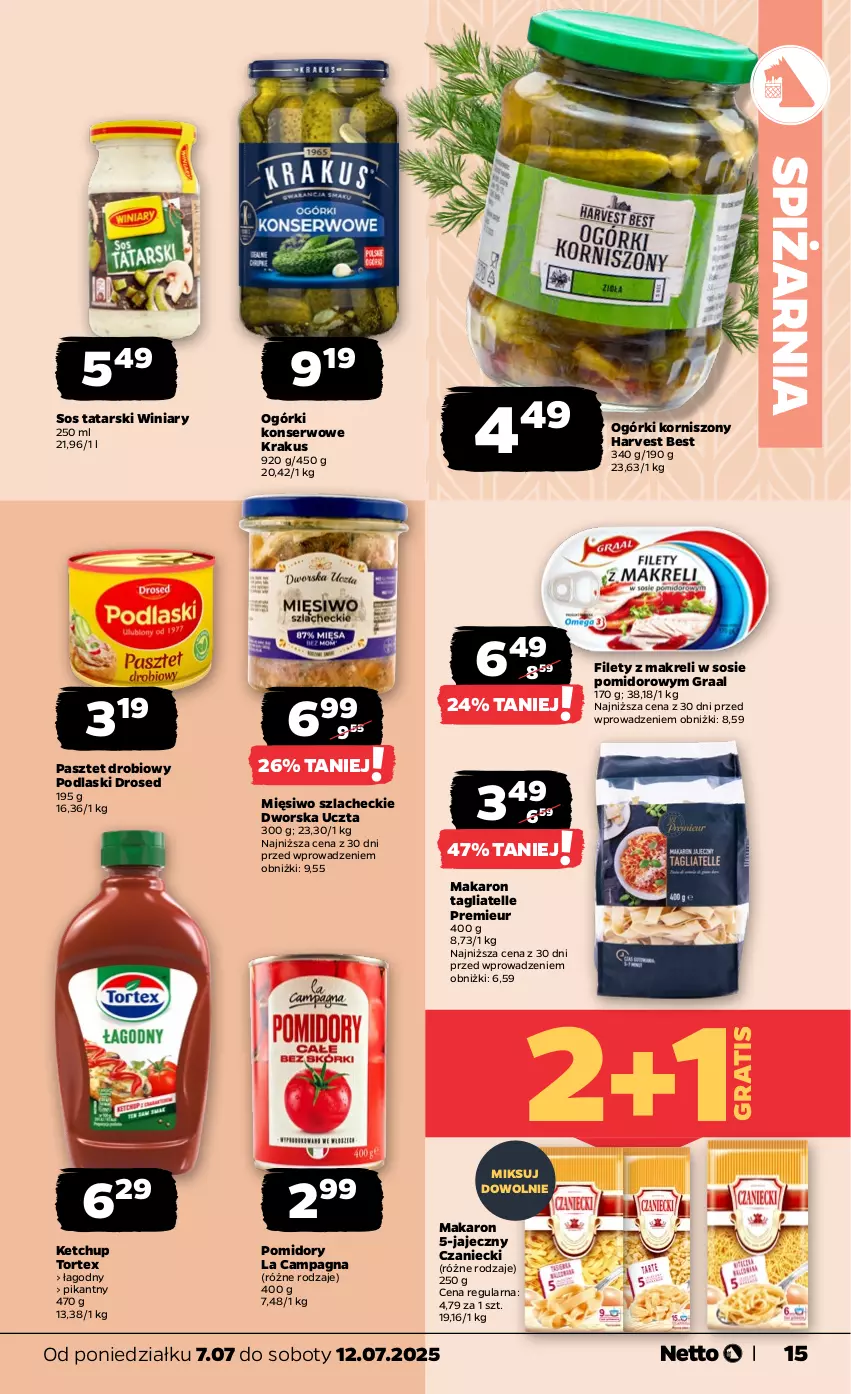 Gazetka promocyjna Netto - Od Poniedziałku - ważna 07.07 do 12.07.2025 - strona 15 - produkty: Gra, Graal, Ketchup, Korniszony, Krakus, Makaron, Ogórki konserwowe, Pasztet, Podlaski, Pomidory, Ser, Sos, Tagliatelle, Winiary