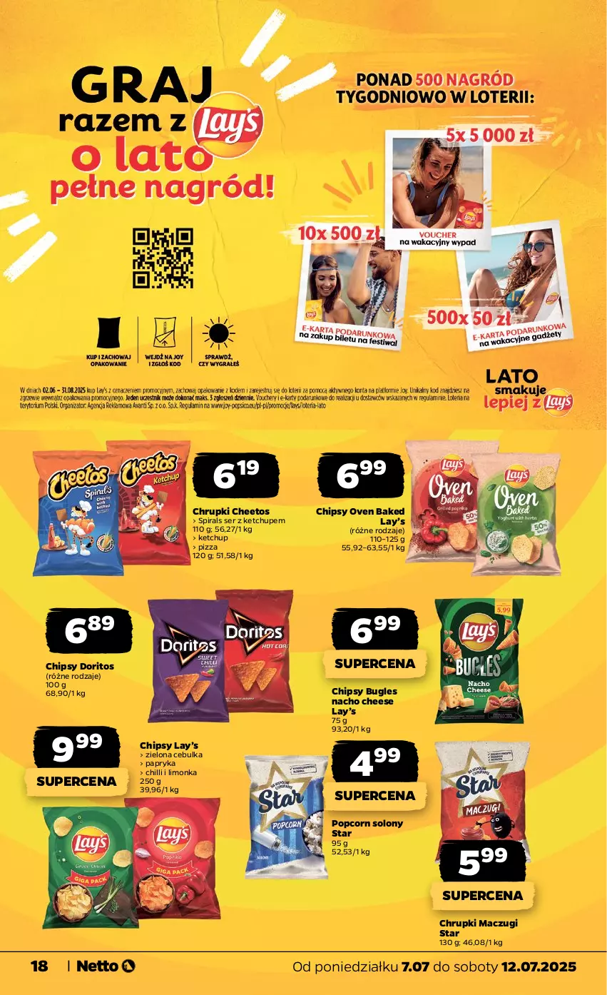 Gazetka promocyjna Netto - Od Poniedziałku - ważna 07.07 do 12.07.2025 - strona 18 - produkty: Cheetos, Chipsy, Chrupki, Ketchup, Lay’s, Limonka, Papryka, Pizza, Popcorn, Ser