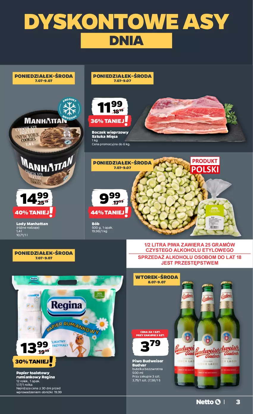 Gazetka promocyjna Netto - Od Poniedziałku - ważna 07.07 do 12.07.2025 - strona 3 - produkty: Boczek, Boczek wieprzowy, Gin, Gra, Lody, Papier, Papier toaletowy, Piwa, Piwo, Rum, Ser