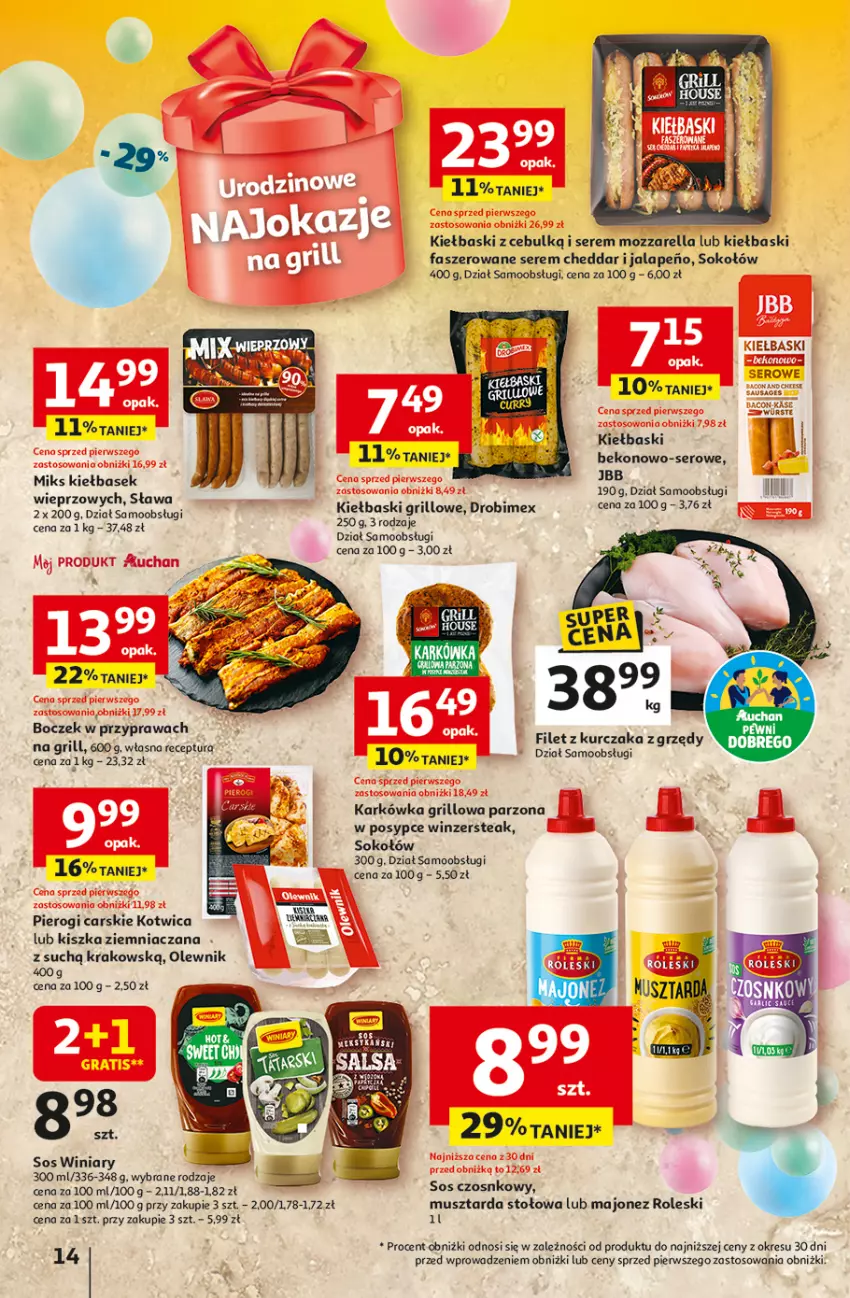 Gazetka promocyjna Auchan - Te URODZINY są NAJ Hipermarket - ważna 30.04 do 07.05.2025 - strona 18 - produkty: Beko, Boczek, Cars, Cheddar, Drobimex, Fa, Grill, Kurczak, Majonez, Mozzarella, Mus, Musztarda, Olewnik, Pierogi, Ser, Sok, Sokołów, Sos, Sos czosnkowy, Winiary