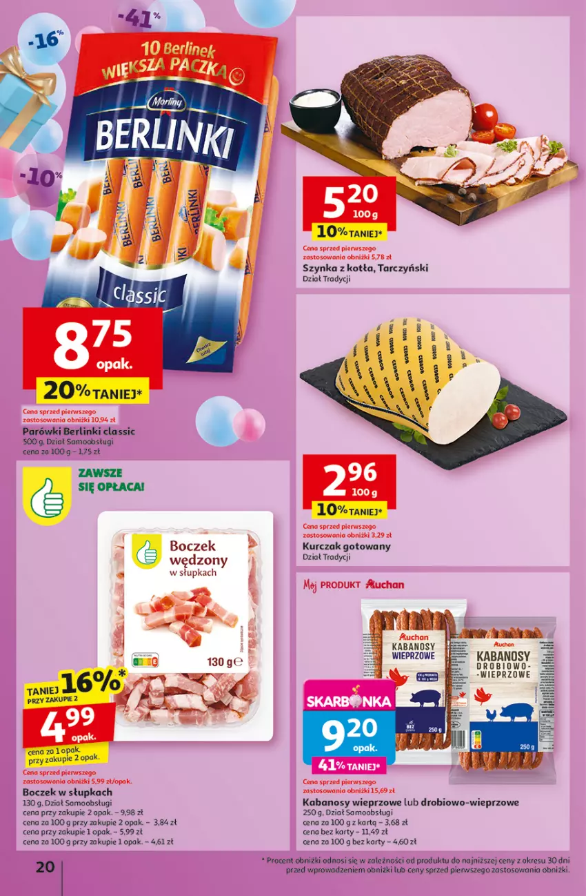 Gazetka promocyjna Auchan - Te URODZINY są NAJ Hipermarket - ważna 30.04 do 07.05.2025 - strona 24 - produkty: Berlinki, Boczek, Kabanos, Kurczak, Kurczak gotowany, Parówki, Szynka, Tarczyński